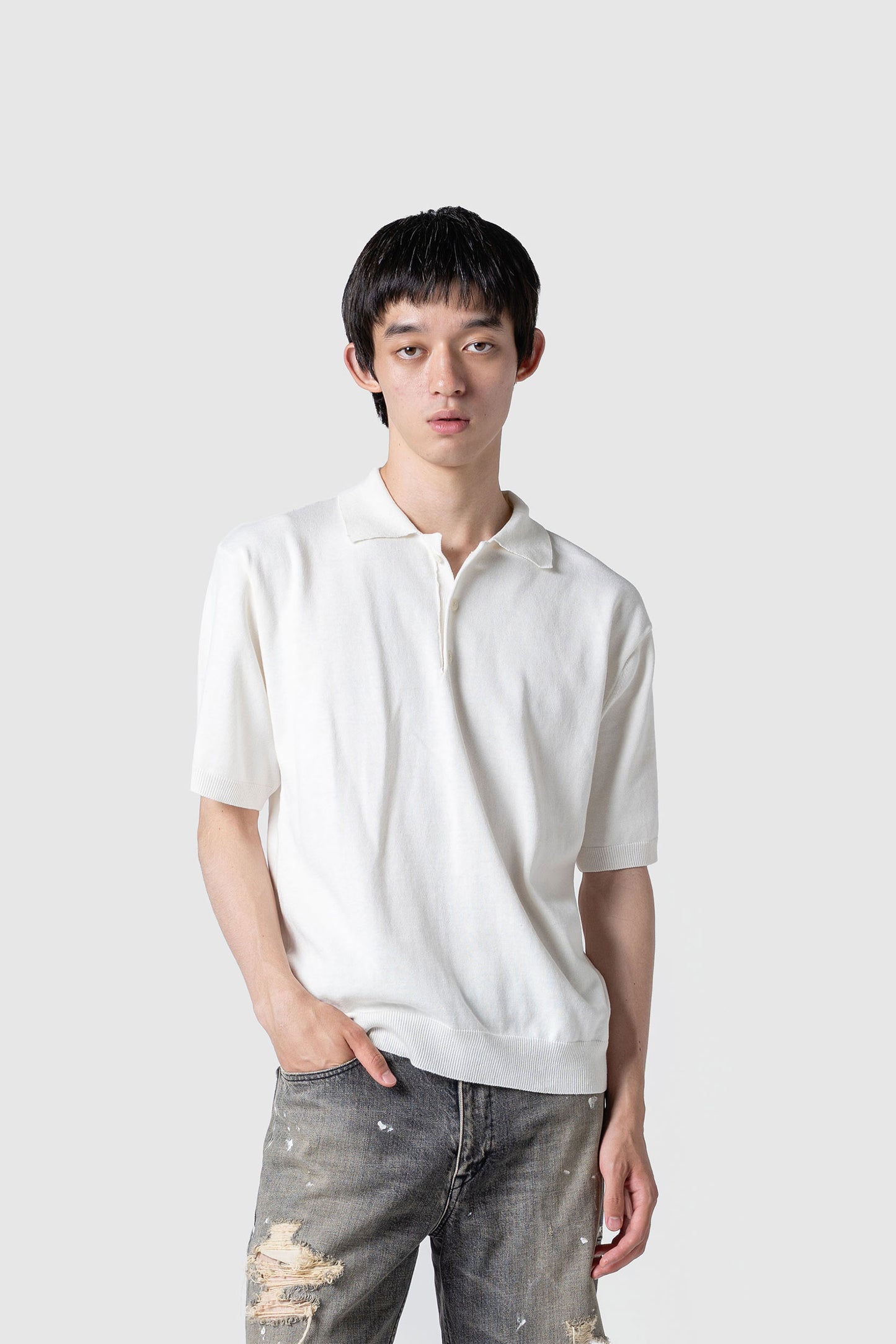 LINEN/COTTON KNIT POLO TOP