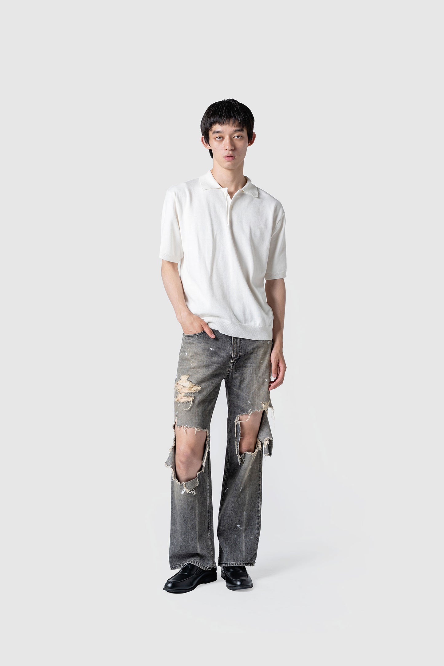 LINEN/COTTON KNIT POLO TOP