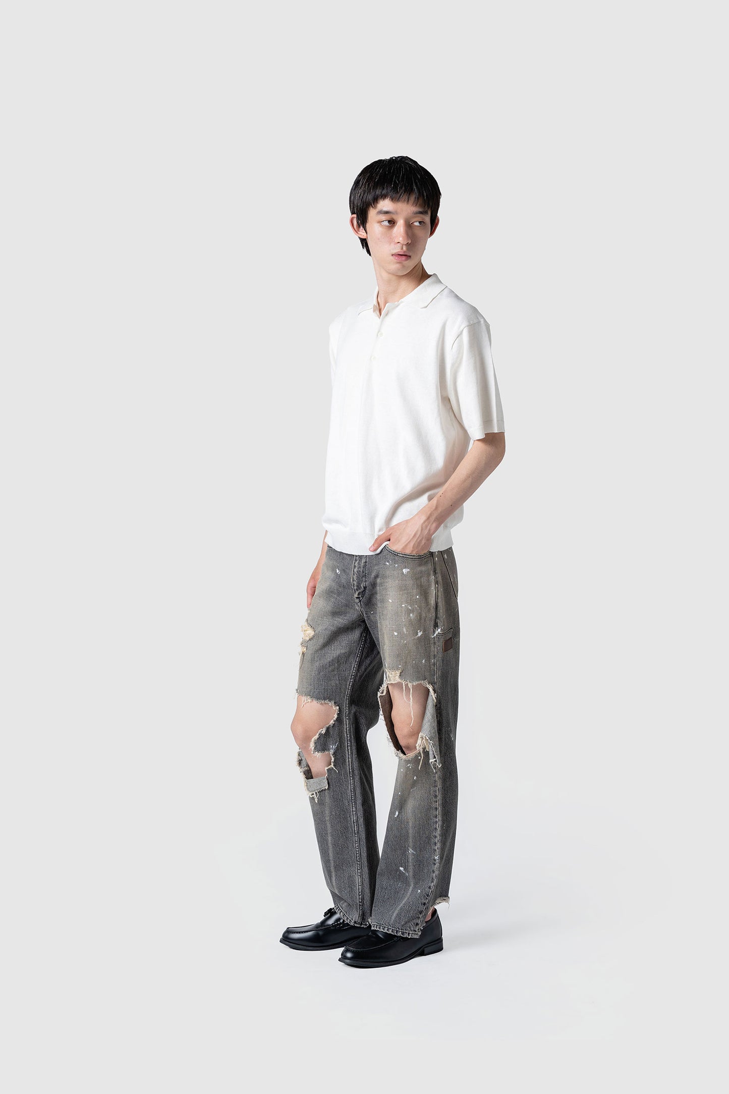 LINEN/COTTON KNIT POLO TOP