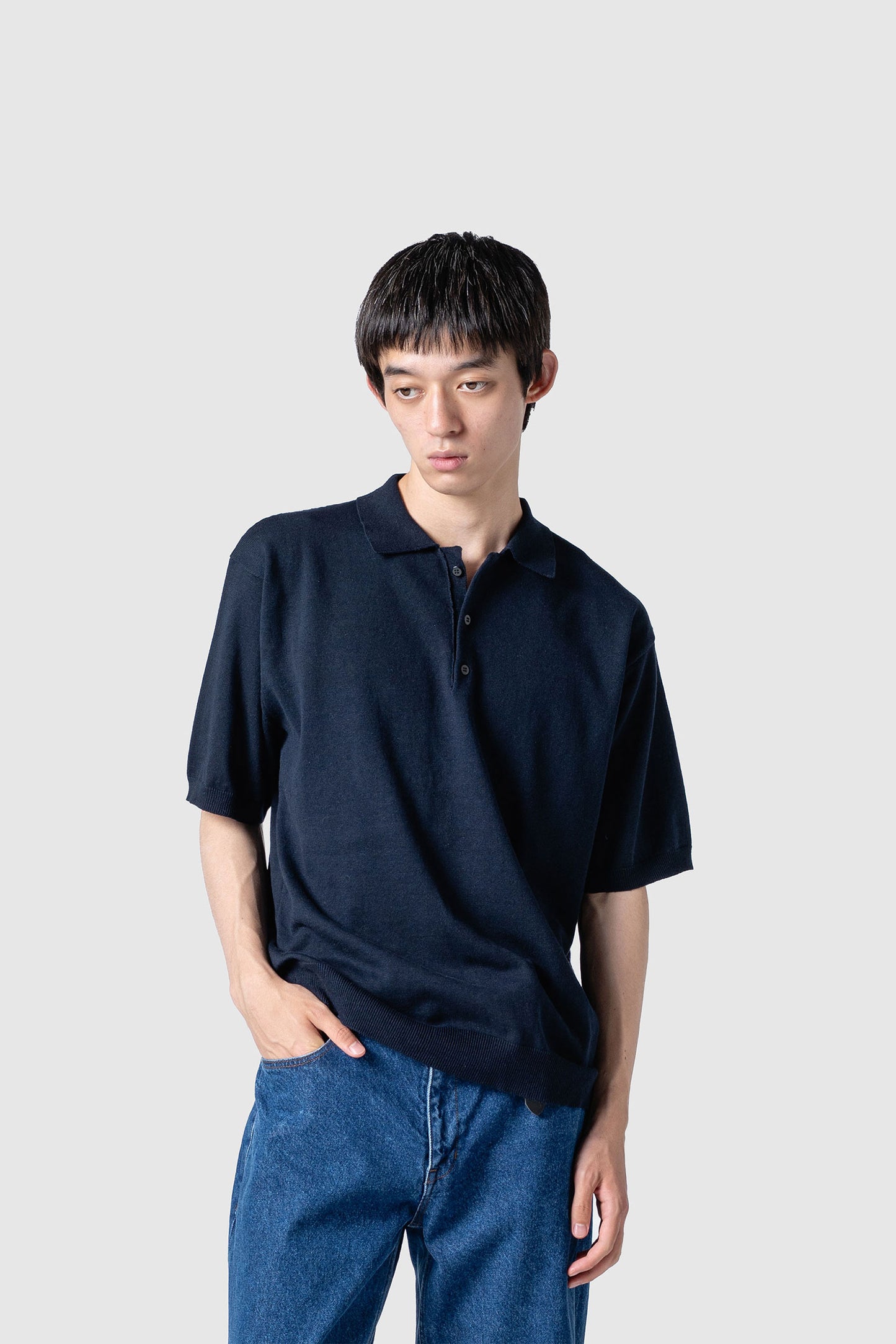 LINEN/COTTON KNIT POLO TOP