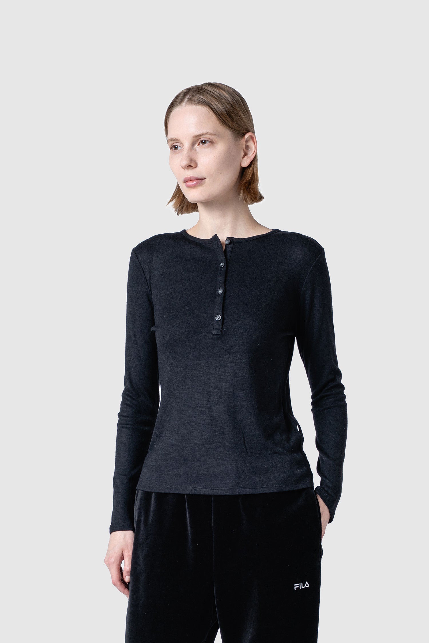 WOOL SHEER JERSEY HENRY NECK TOP