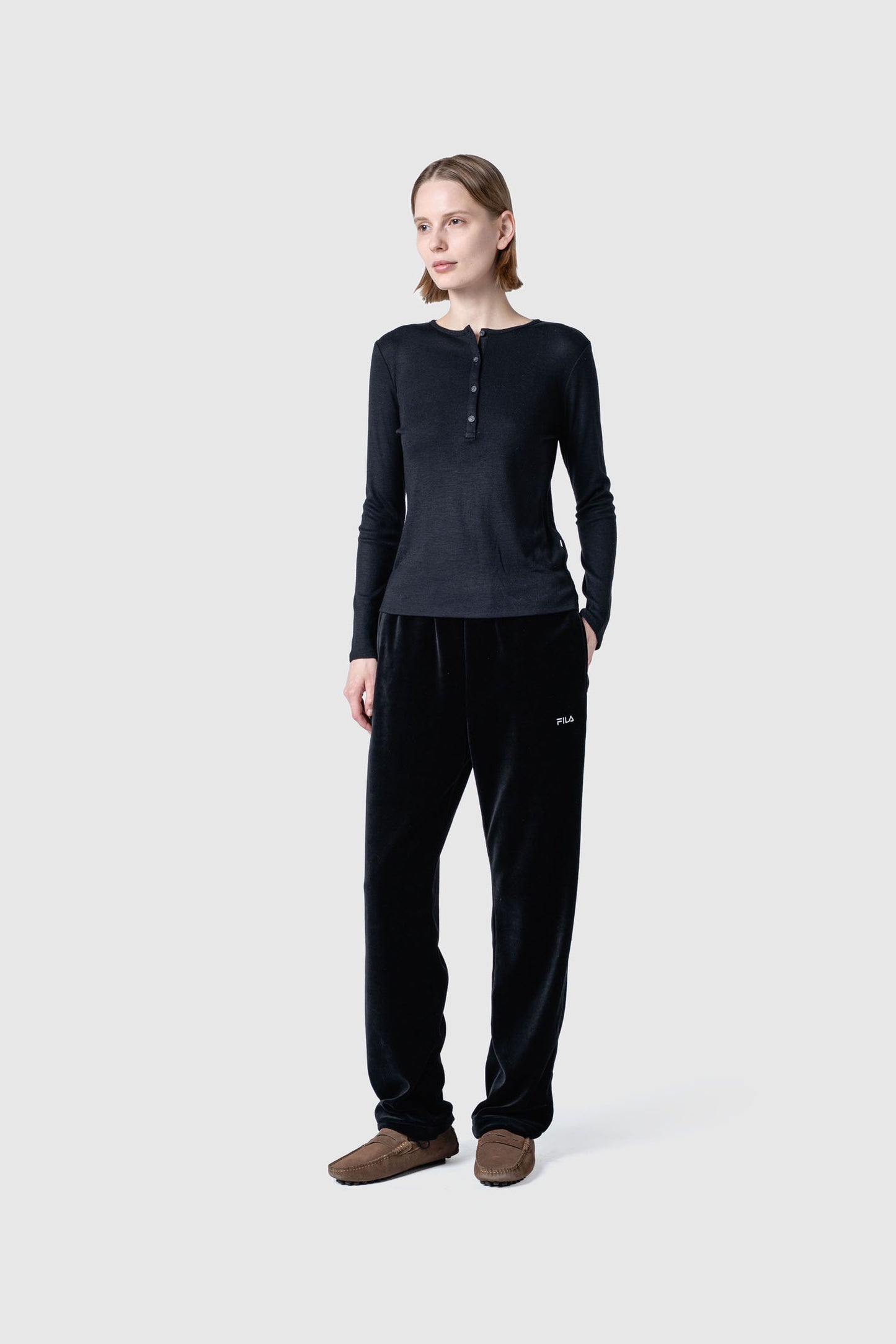 WOOL SHEER JERSEY HENRY NECK TOP