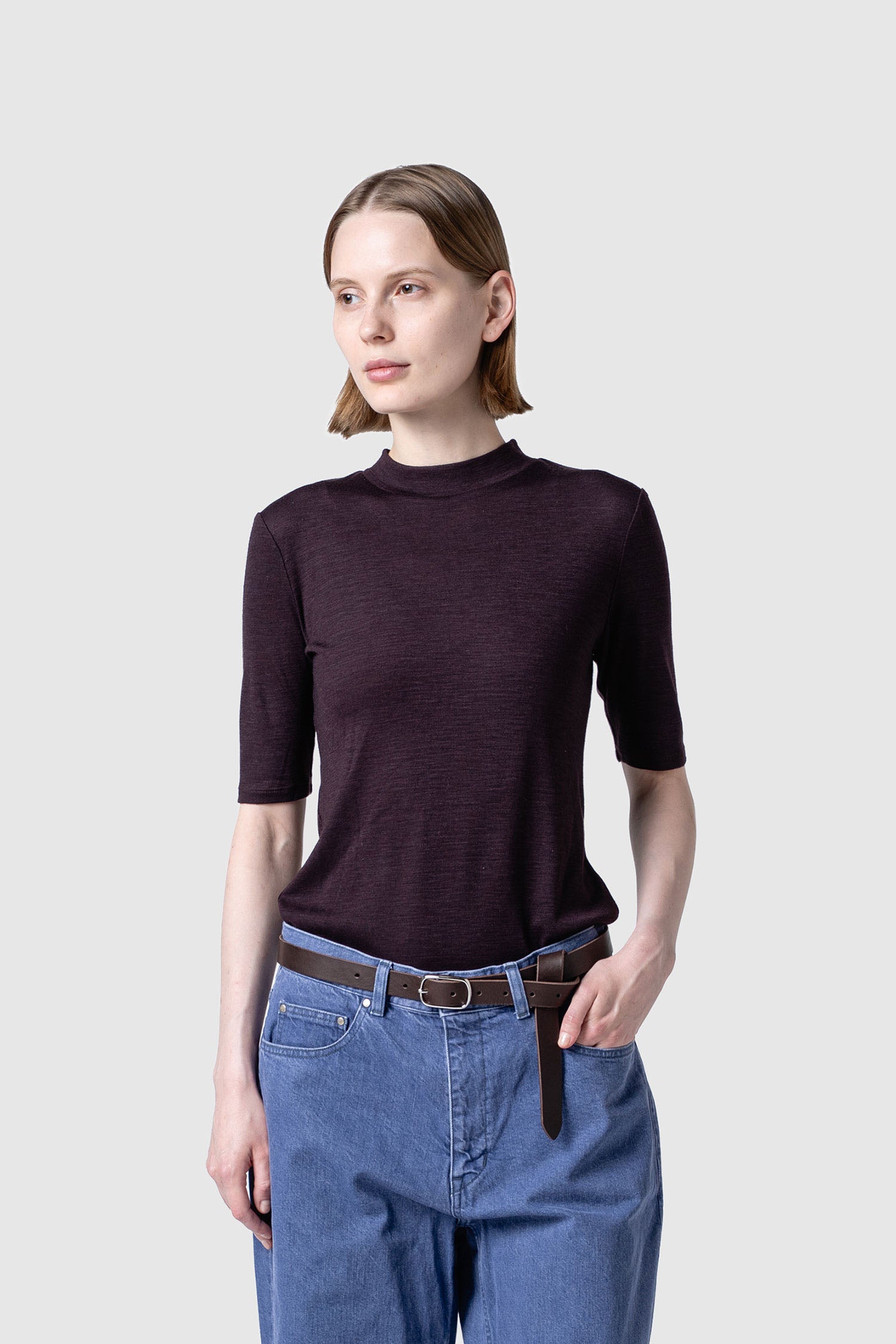 WOOL SHEER JERSEY BOTTLE NECK TOP