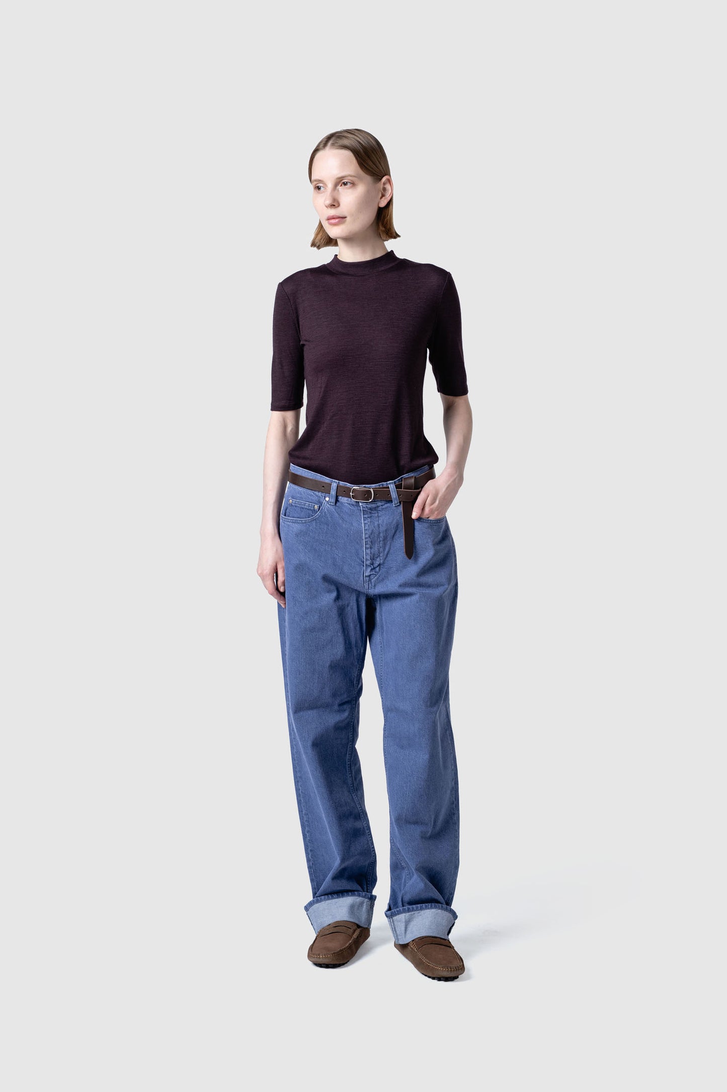 WOOL SHEER JERSEY BOTTLE NECK TOP