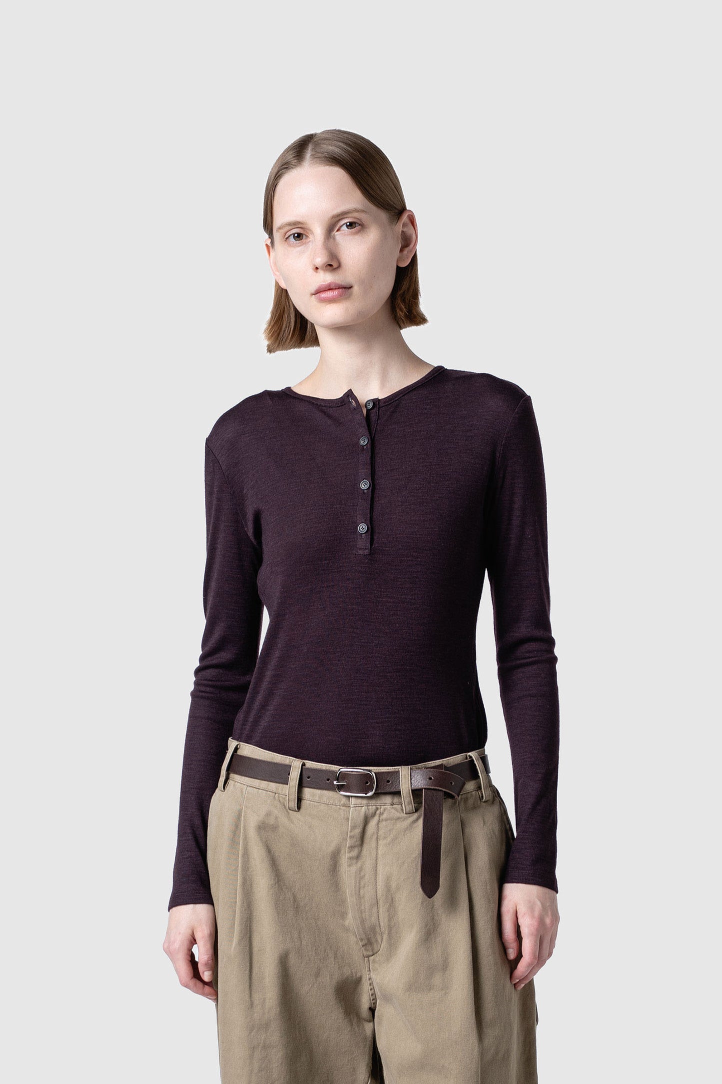 WOOL SHEER JERSEY HENRY NECK TOP