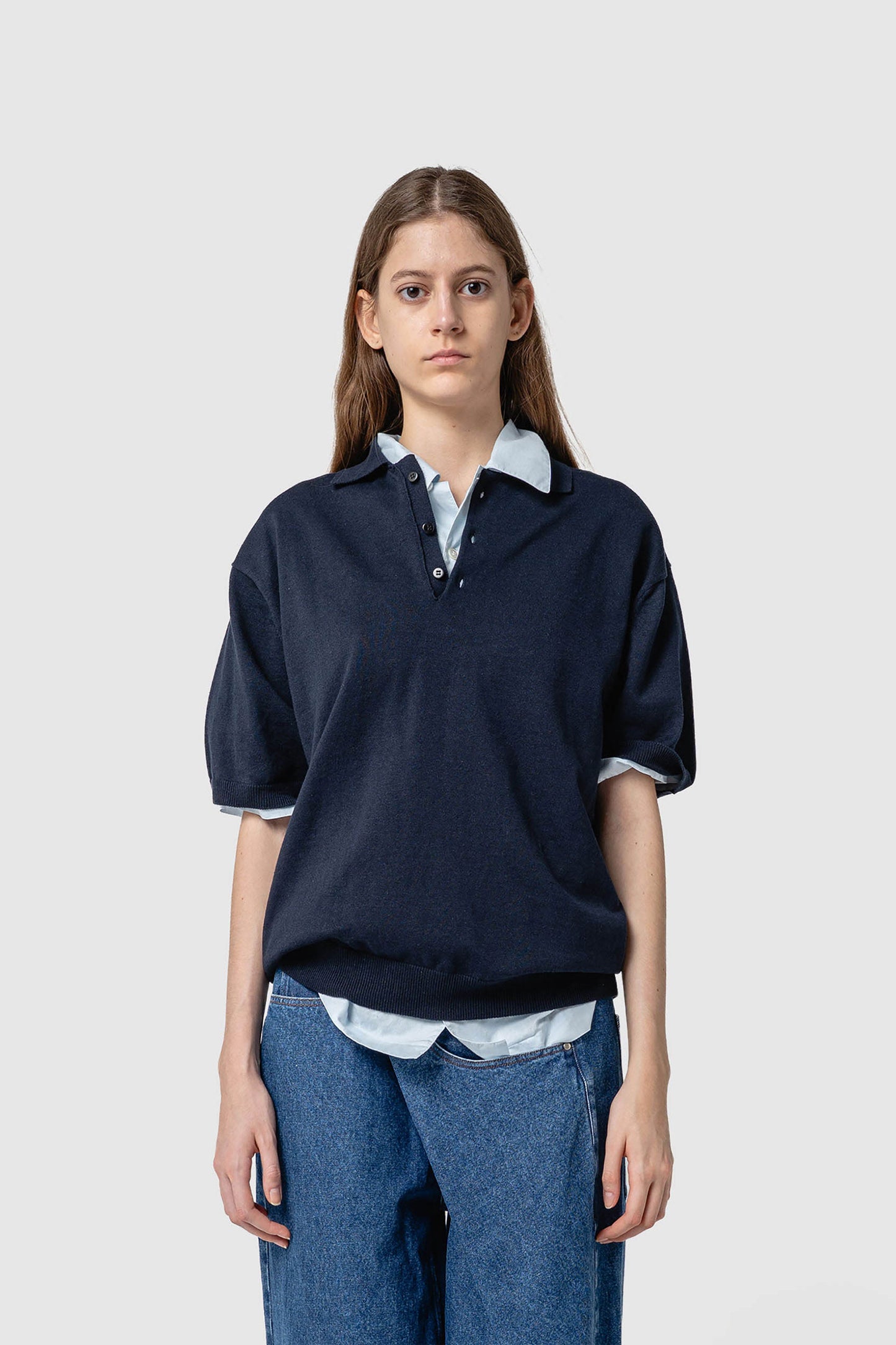 LINEN/COTTON KNIT POLO TOP