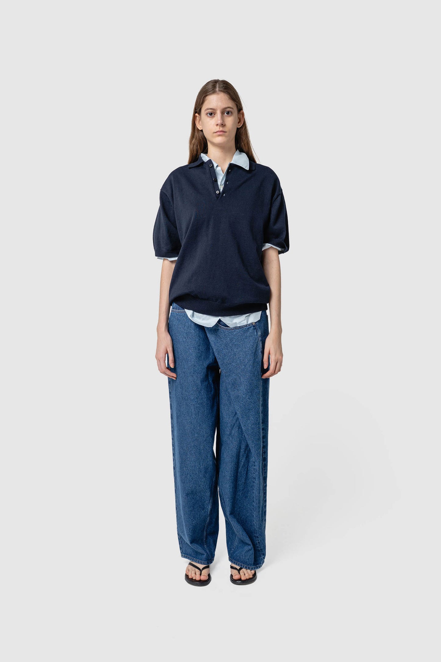 LINEN/COTTON KNIT POLO TOP
