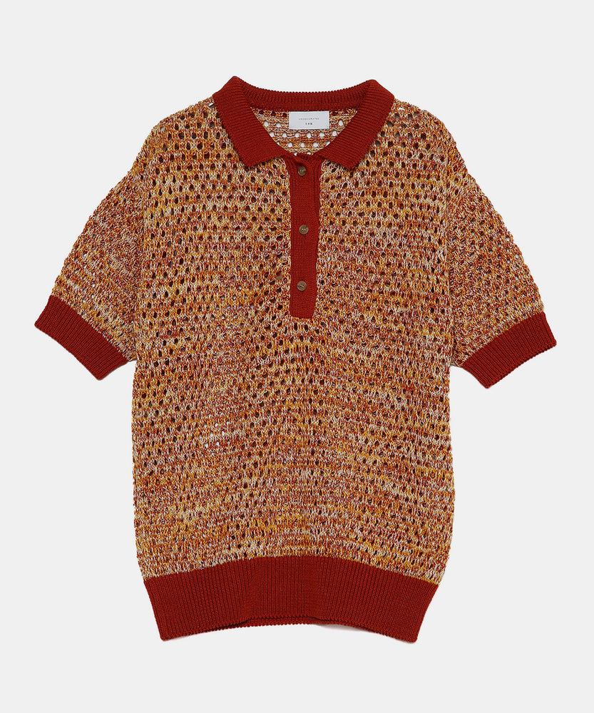 Cotton Melange Polo Knit Top